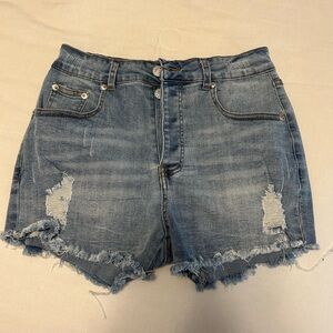 Fashion Nova Distressed Mid-Rise Light Blue Denim Shorts